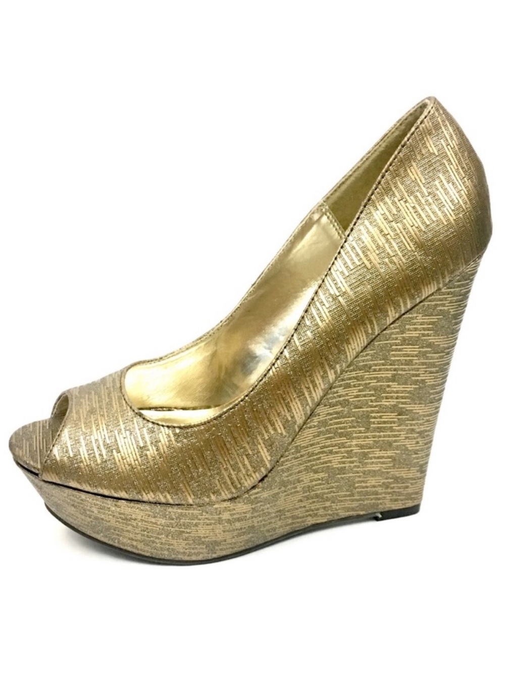 EUC Steve Madden Gold Metallic Peep-Toe Wedge Pumps US 7.5
